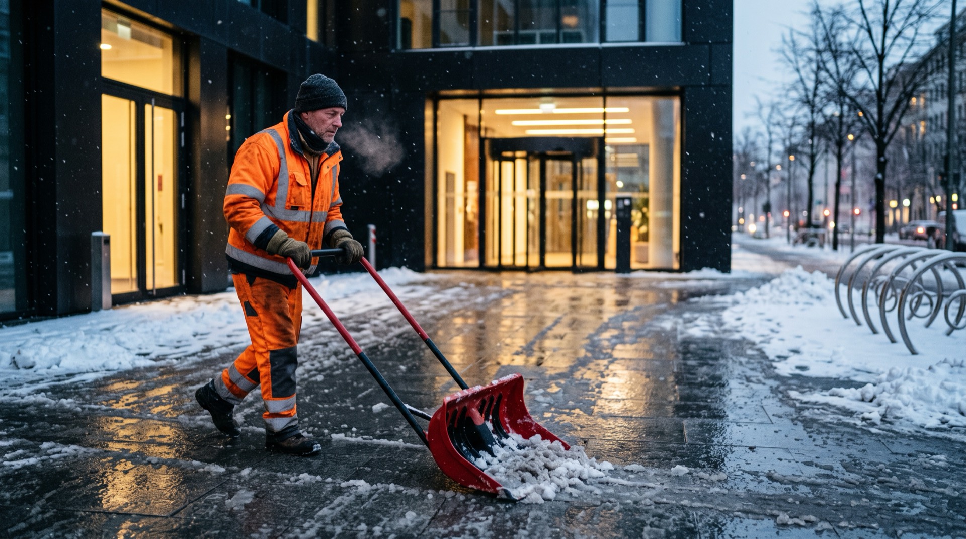 Winterdienst in Berlin – Räumung eines Gehwegs vor einem Gewerbeobjekt durch All Clean Service